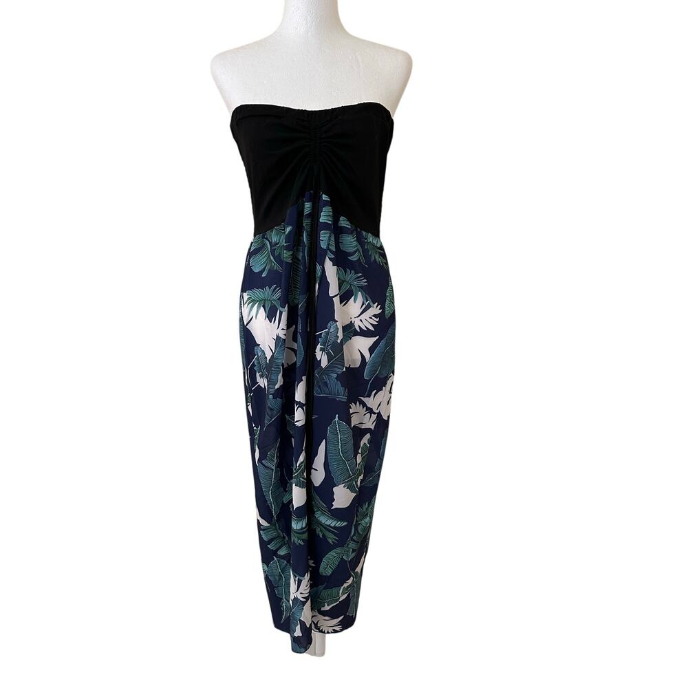 Women Black & Tropical Multicolor Smocked Tube Dress Swimsuit Cover Up Size M